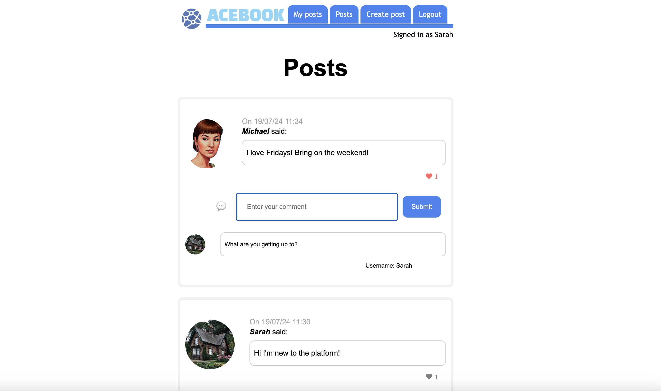 A Facebook inspired social media platform to create posts and engage with other members’ content.